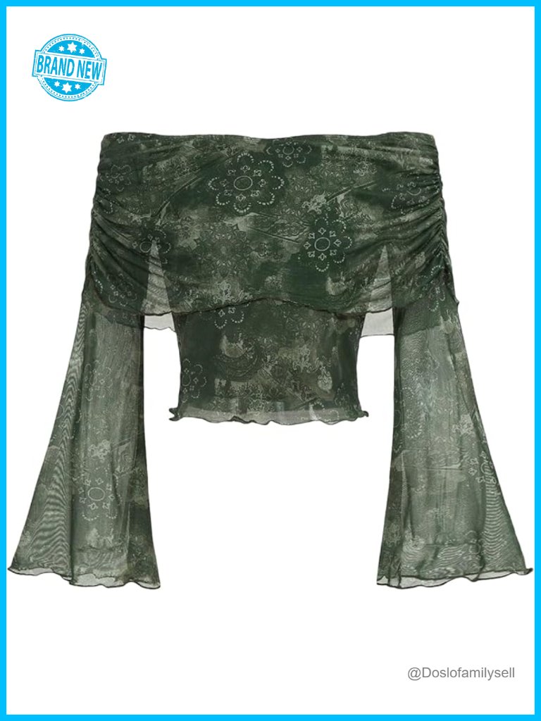 Off The Shoulder Renaissance Bell Sleeve Mesh Crop Top - Whimsical 70s Top